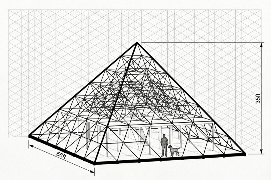 56-foot pyramid structural drawing showing space-frame geometry with human and dog scale reference at base, 35-foot peak height