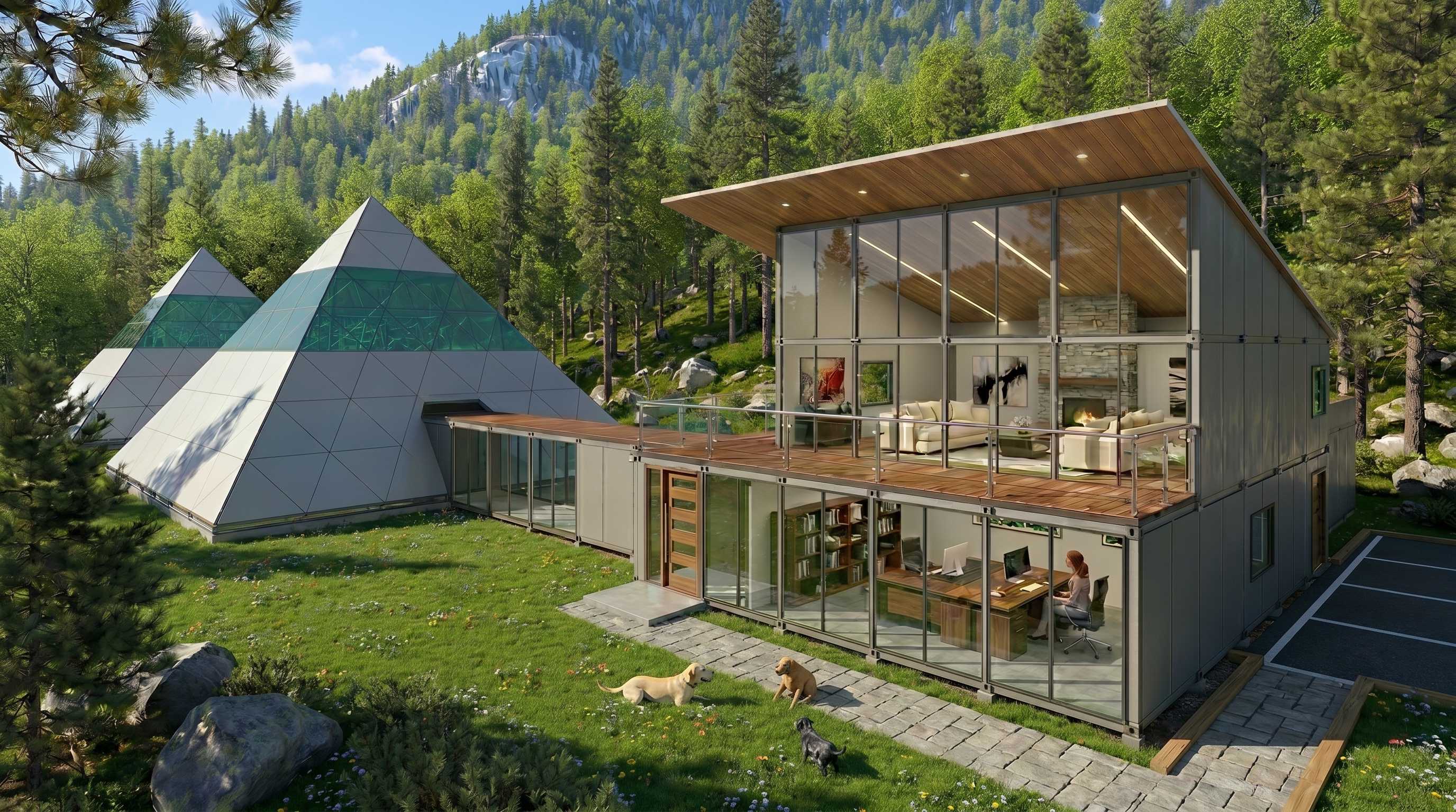 Dog Sanctuary in daylight showing pyramid pavilions and glass facade